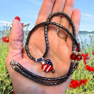 Artisan Patriotic Hematite Heart Beaded Necklace NWOT